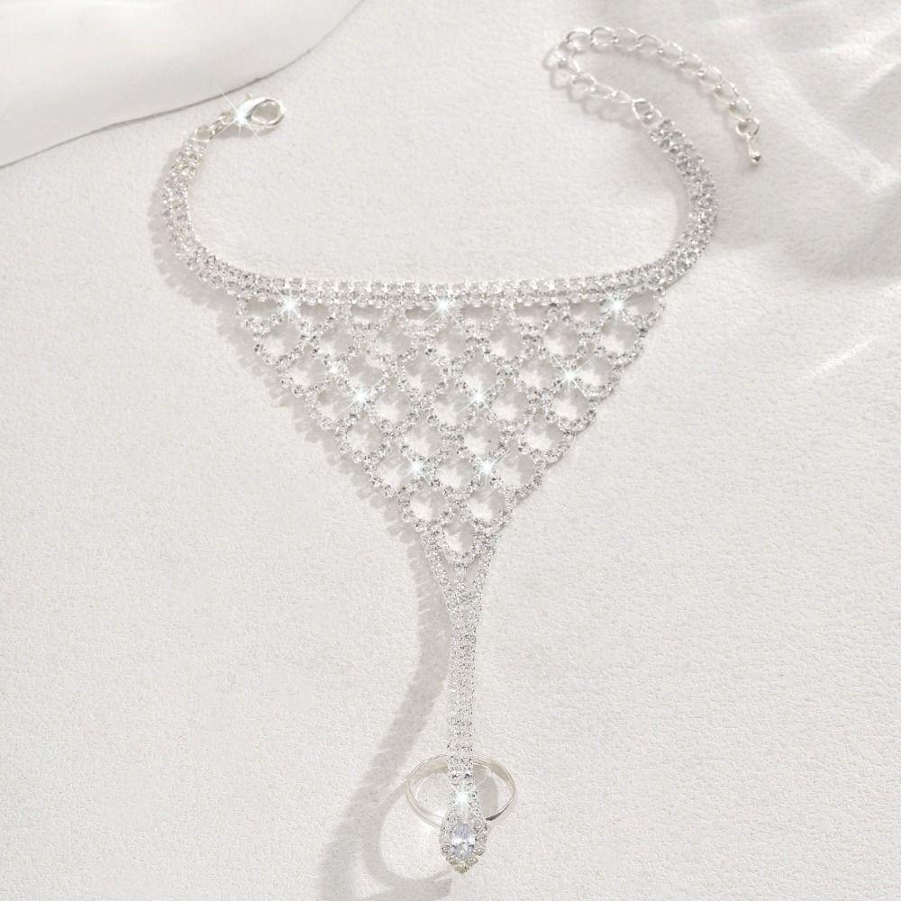 Adjustable Golden Finger Bracelet Rhinestone Hollow Geometric Pendant Festival