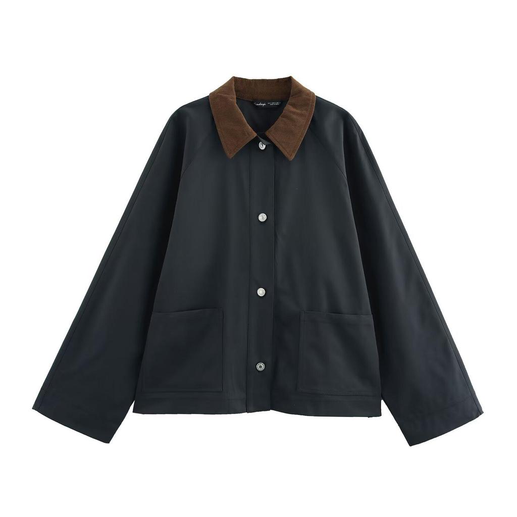 2024 Winter Women's European & American Style Corduroy Collar Waxed Leather Jacket