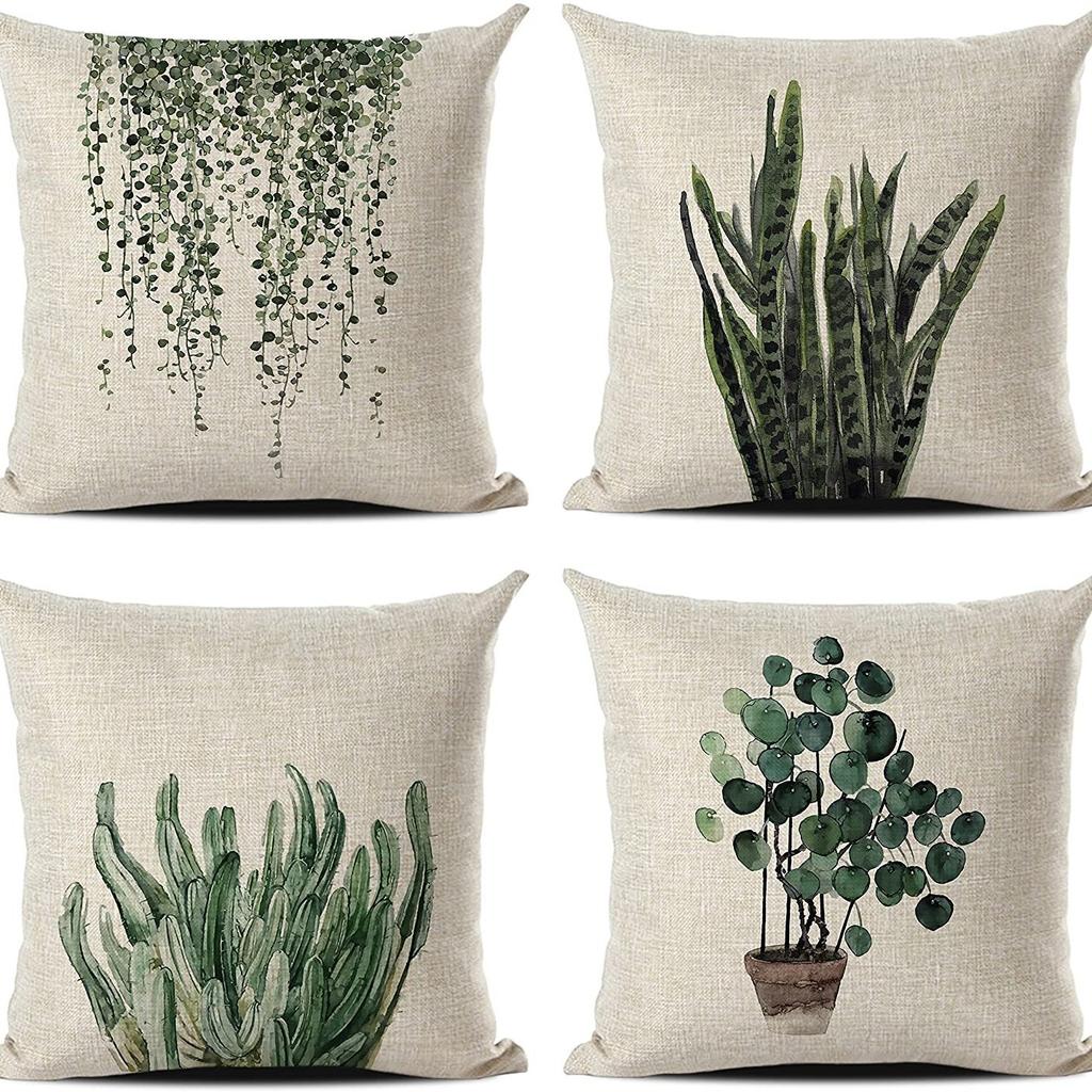 Simple Modern Green Leaves Tropical Plant Series Linen Pillowcase Nordic Small Fresh Style Cushion Cover