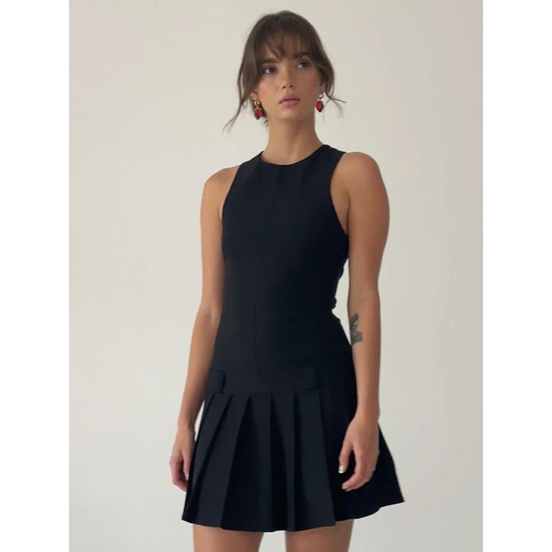 Motel American Vintage Gyaru Preppy Sleeveless Backless Dress Slim Fit Slimming Backless Pleated Black Dress