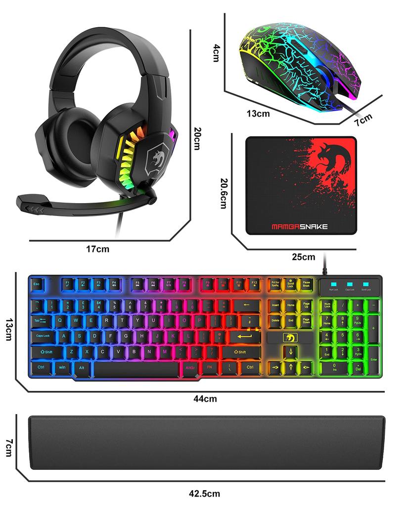 Mamba Snake Gaming Keyboard Mouse Headphone Handrest Set USB Membrane Type Wired Waterproof Multimedia Keys 2400DPI Adjustable Mouse 6 Buttons with