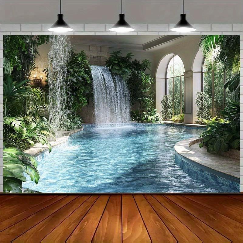 Tropical oasis background fabric, featuring a waterfall pool and lush plants - polyester fiber garden wall decoration