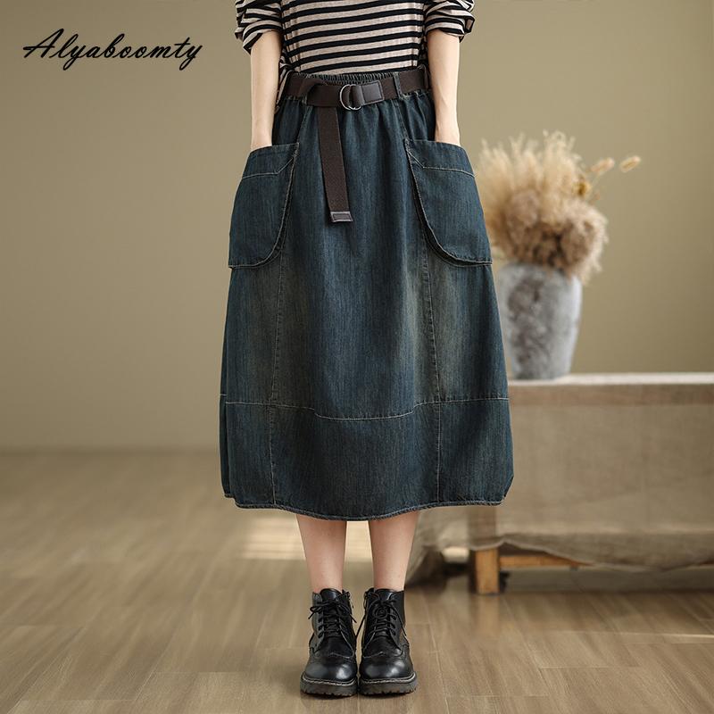 Плюс размер весна осень женская джинсовая юбка с высокой талией стираная хлопковая мешковатая юбка винтажная джинсовая юбка с поясом и карманами