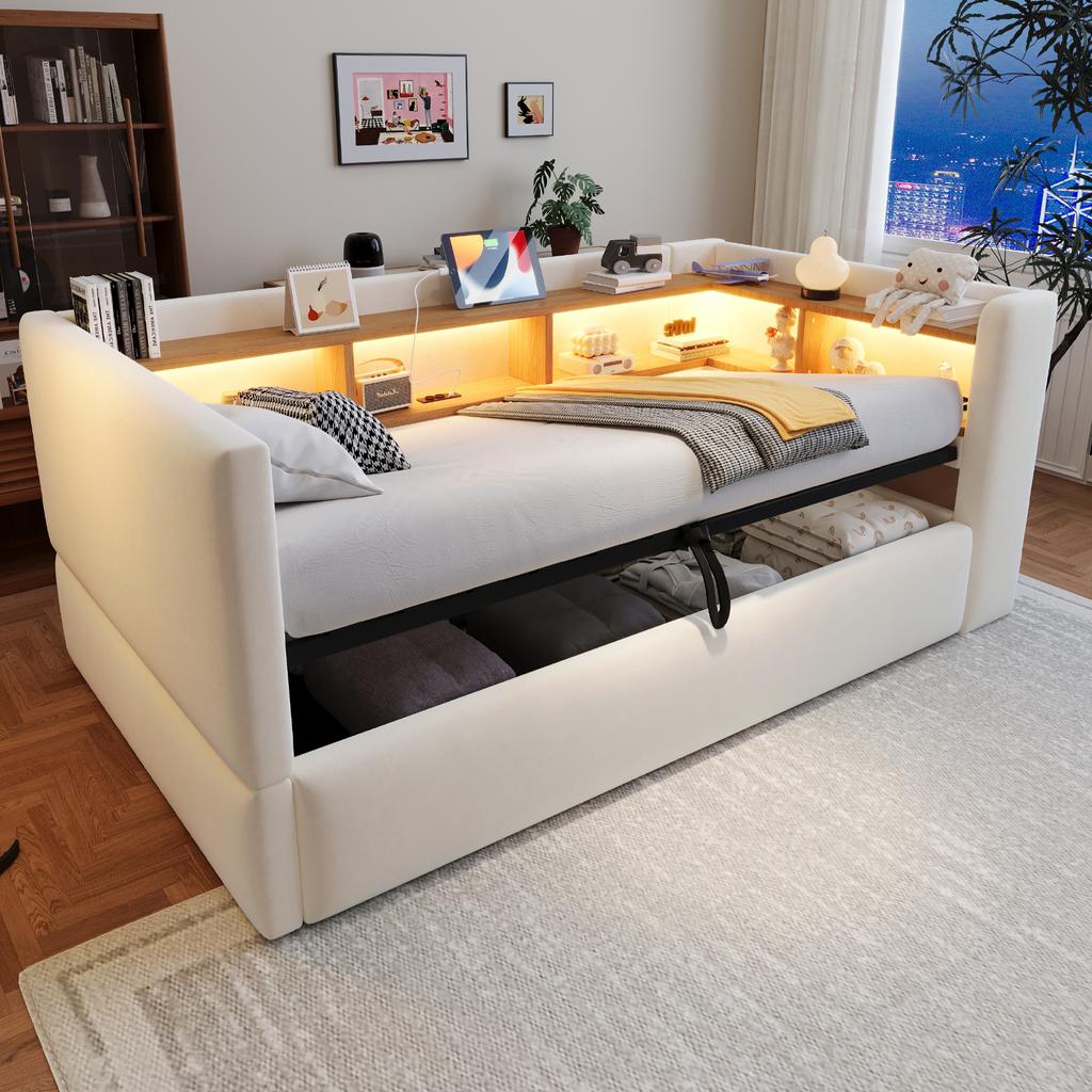 Upholstered Bed Hydraulic Sofa Bed 90*190cm, Equipped with LED Lights, Outlets and Many Storage Compartments, Multifunctional, Single Bed, Beige