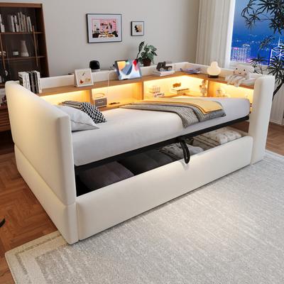 Upholstered Bed Hydraulic Sofa Bed 90*190cm, Equipped with LED Lights, Outlets and Many Storage Compartments, Multifunctional, Single Bed, Beige