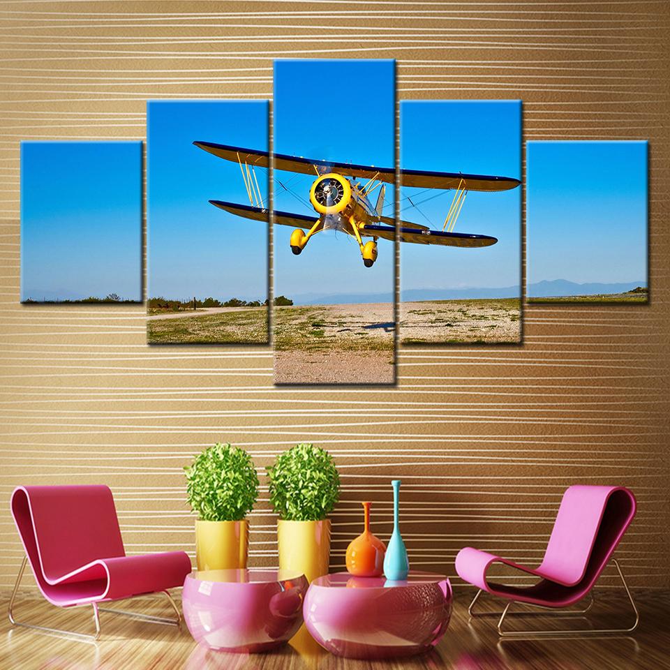 Canvas Painting yellow airplane flying in blue sky 5 Pieces Wall Art Painting Modular Wallpapers Poster Print Home Decor