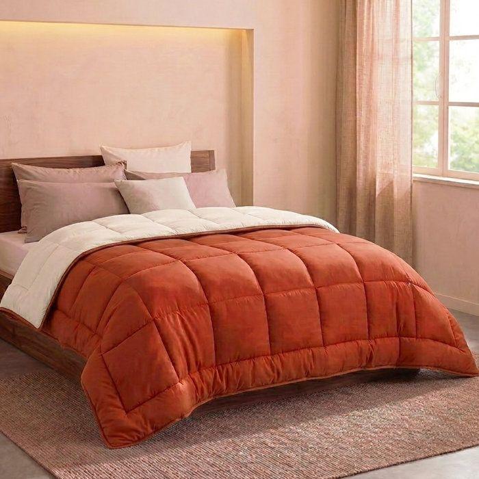 CALGARY - Couette Chaude Microfibre 400gr/m² - Gris Galet & Marron Gingembre - 240 x 260 cm