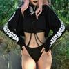 Frauen Gothic Reflektierende Druck Толстовки Укороченный топ Пуловер Толстовка Джемпер с уплотнительным кольцом Abnehmbare Kette