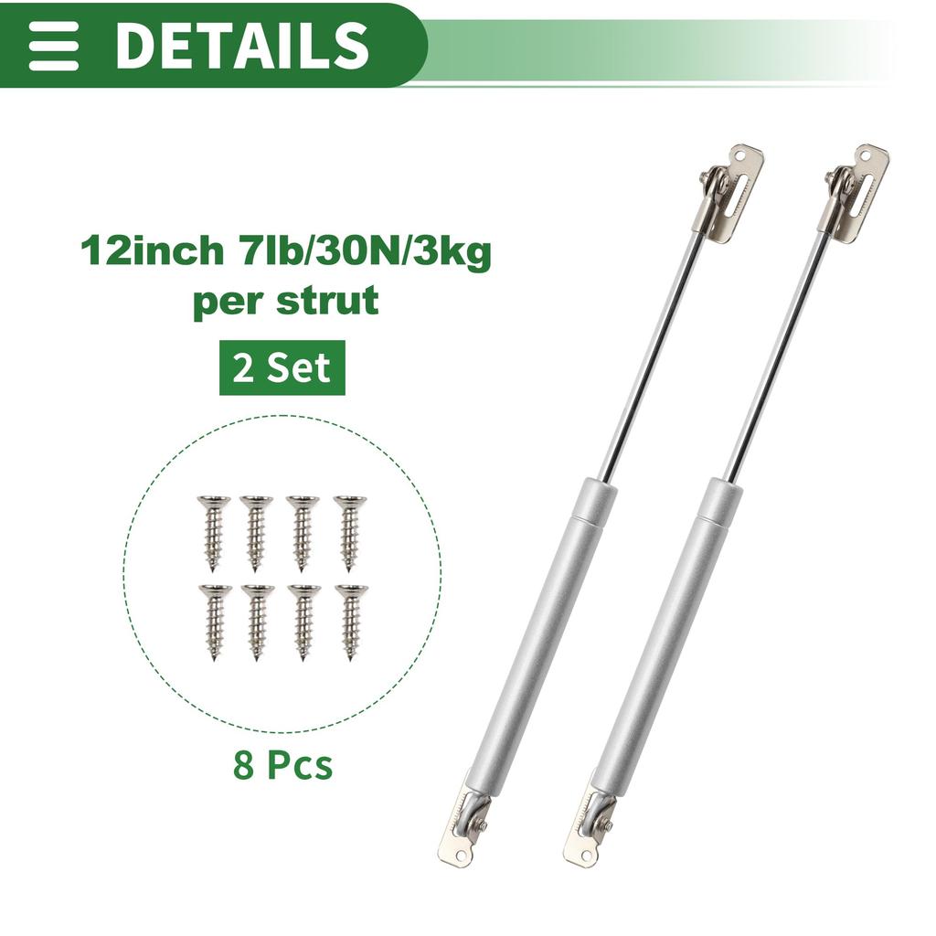 Motoforti Универсальный подъемный механизм для крышки шкафа, газовые пружины, 12"/285мм, 7lb/30N/3кг, серебристый тон, комплект из 2 штук