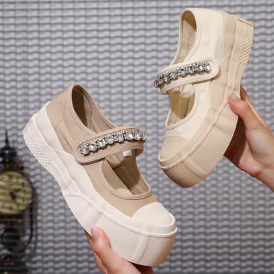 Холщовые сандалии со стразами женские 2025 лето новые сандалии Мэри Джейн на липучках с большой головкой на плоской подошве маленькие ароматные сандалии