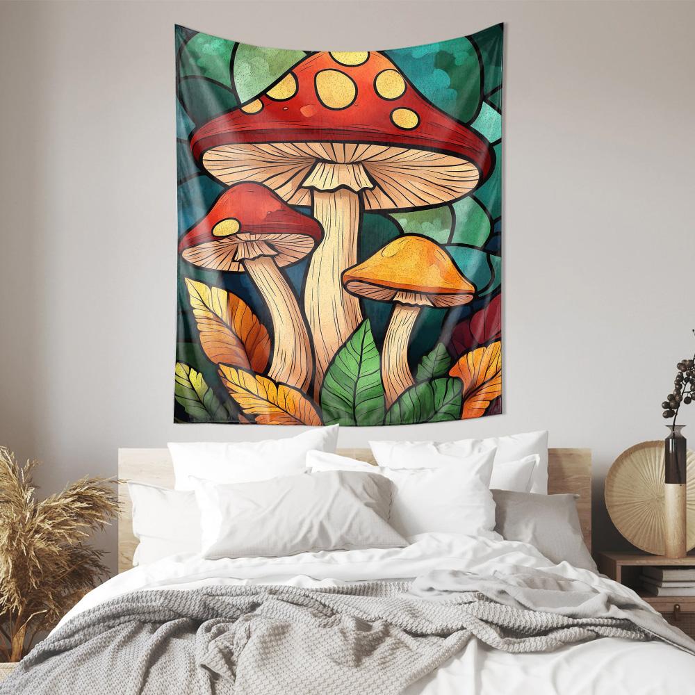 Psychedelic Art Style Mushroom Wall Hanging Colorful Leaf Decor Tapestry