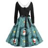 Women Vintage Long Sleeve Christmas Print 1950s Housewife Evening Party Prom Dress