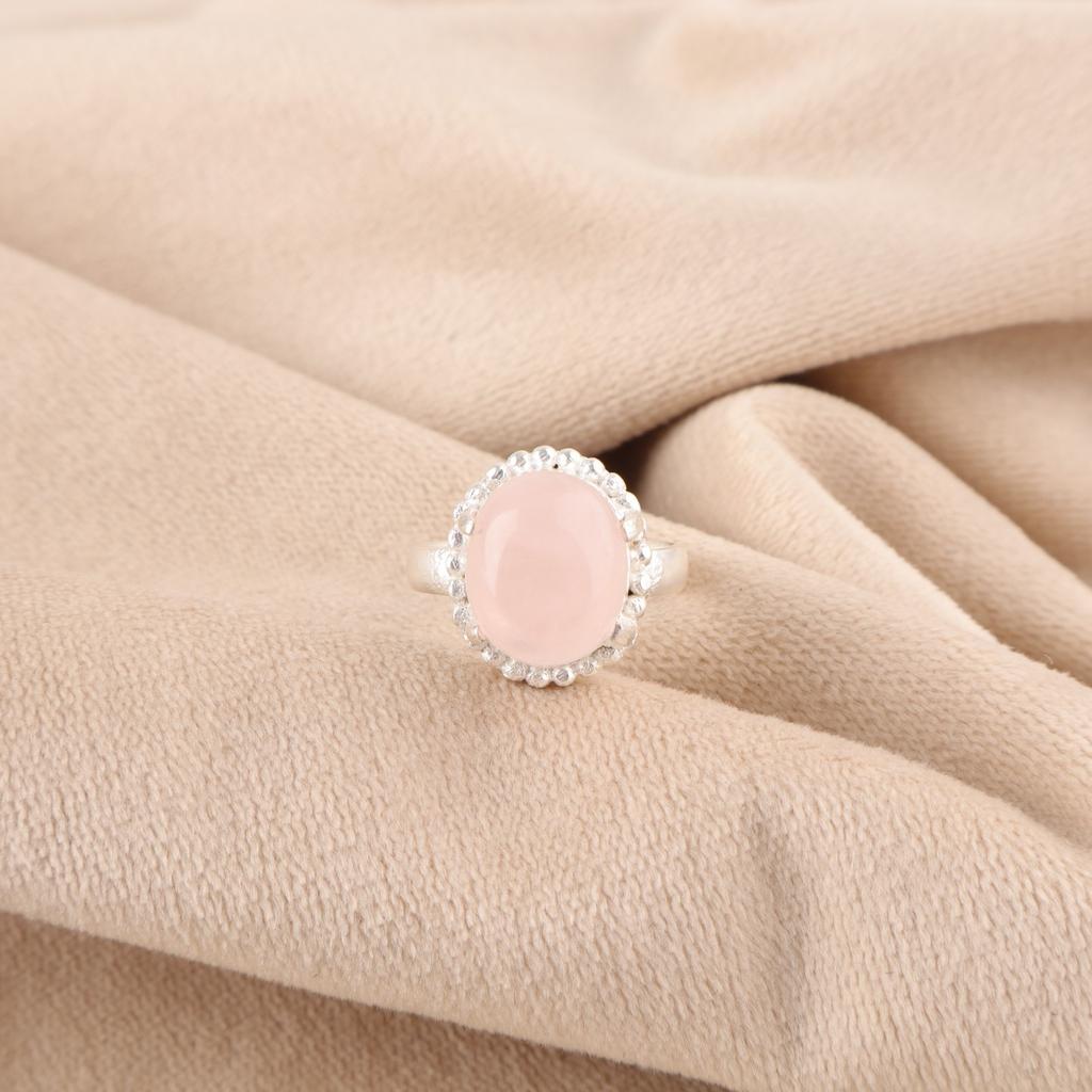 Heart Chakra Oval Rose Quartz Gemstone Sterling Silver Stackable Wedding Ring RR-28-42