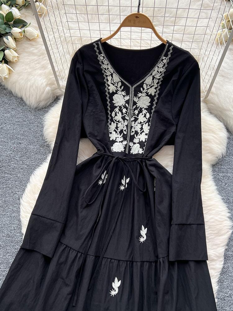 Женское весенне-осеннее платье Ретро Вышитое V-образный вырез Бретели Талия Французское Элегантное Длинный рукав Пышная юбка Длинное платье