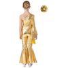 Girls Metallic Shiny Bell Bottom Dance Jumpsuit One Shoulder Flare Sleeve Bodysuit with Hair Tie