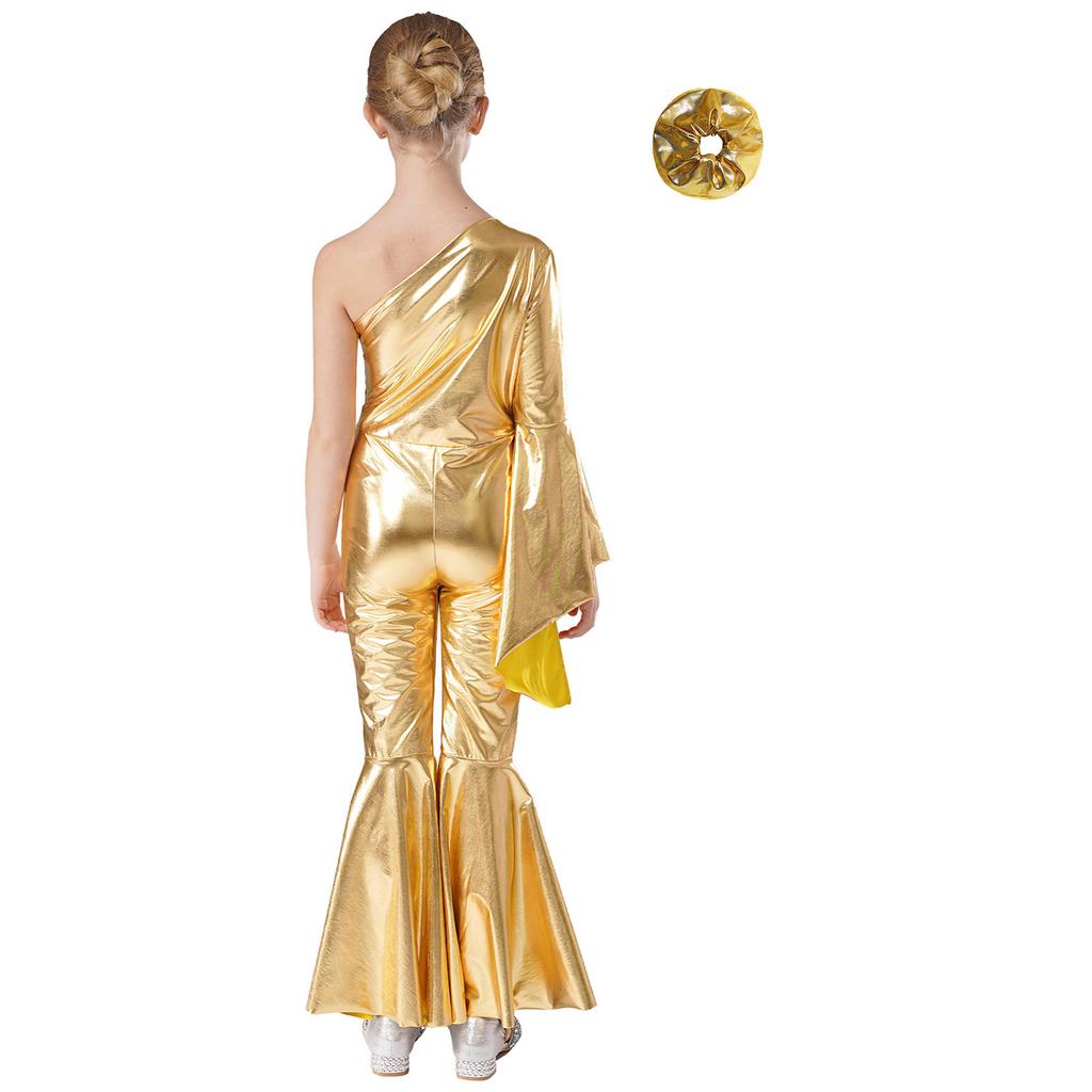 Girls Metallic Shiny Bell Bottom Dance Jumpsuit One Shoulder Flare Sleeve Bodysuit with Hair Tie