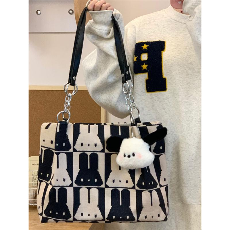 Korean Cute Rabbit Print Tote Bag Women Black White Color Block Large Capacity Shoulder Bag Ladies Canvas Fashion Underarm Bags