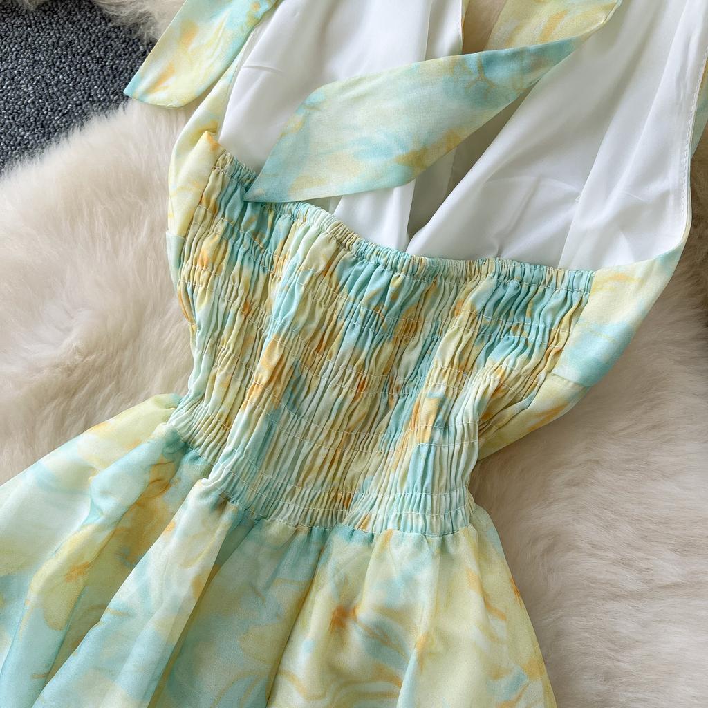 Летние женские шифоновые платья с V-образным вырезом и принтом, бретелька через шею с открытой спиной, бисер, длинные макси, праздничные пляжные платья