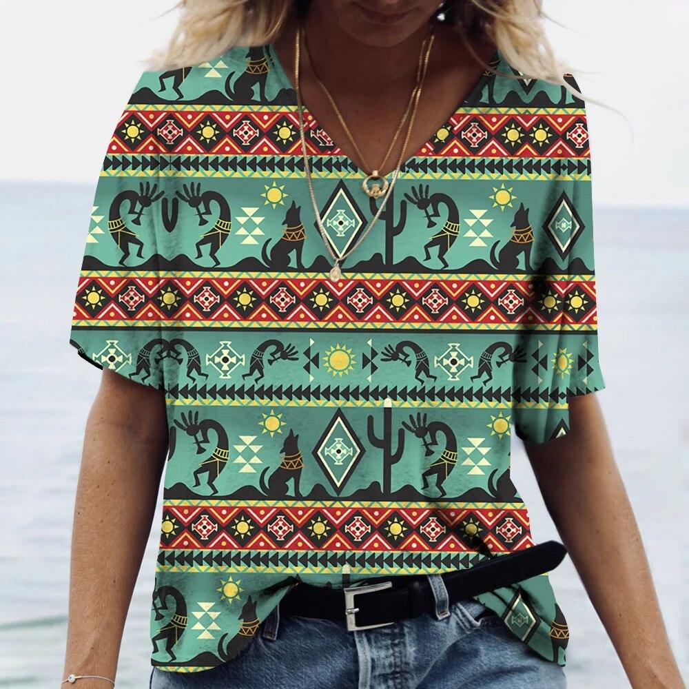 Летние женские футболки, этнический костюм, 3d рубашки, футболки, повседневная уличная одежда в стиле Харадзюку, большие топы с v-образным вырезом, винтажная женская одежда