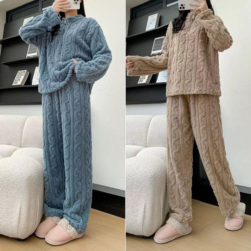 Fall Winter Women's Two Piece Set Thickened Warm Coral Velvet Pajamas Padded Ladies Casual Elastic Striped Comfortable Homewear