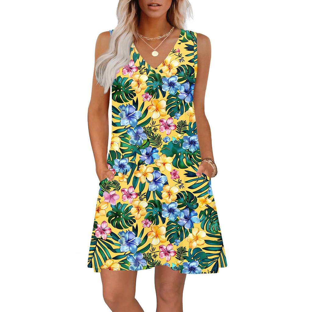 Women's Summer Dresses Loose Fit Printed V Neck Sleeveless Sundresses Beach Hawaiian Dress With Pockets