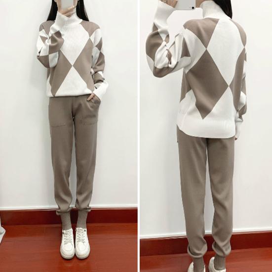 2 шт./компл. женский свитер и брюки, комплект, толстый геометрический принт, высокий воротник, защита шеи, длинный рукав