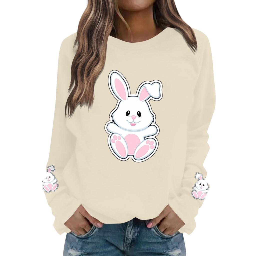 Женская мода повседневная толстовка с длинным рукавом и круглым вырезом с принтом пасхального кролика