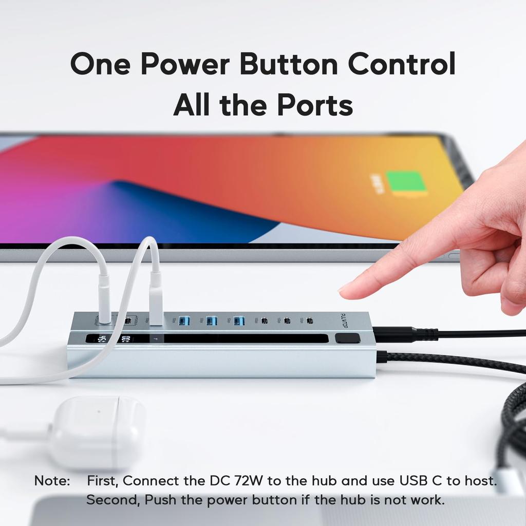 PULWTOP USB-C концентратор с питанием, 2 x 4 x 2 x порта зарядки PD и адаптером постоянного тока 72 Вт, 11-в-1, поддержка SD/TF, USB-C 10 Гбит/с, USB-A 5/10 Гбит/с, Type-C 24/45 Вт (нет
