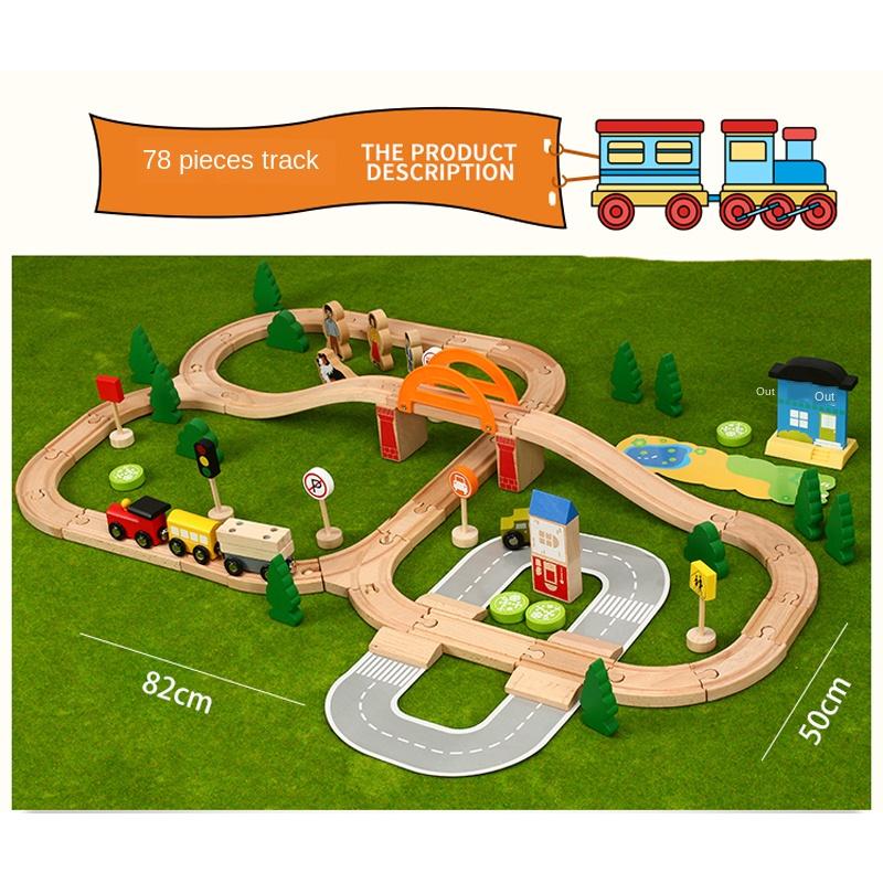 78 деревянных деталей набора железнодорожных путей для детей, строительные игрушки, комбинированная сцена, модель, совместимая с головоломкой железнодорожных путей