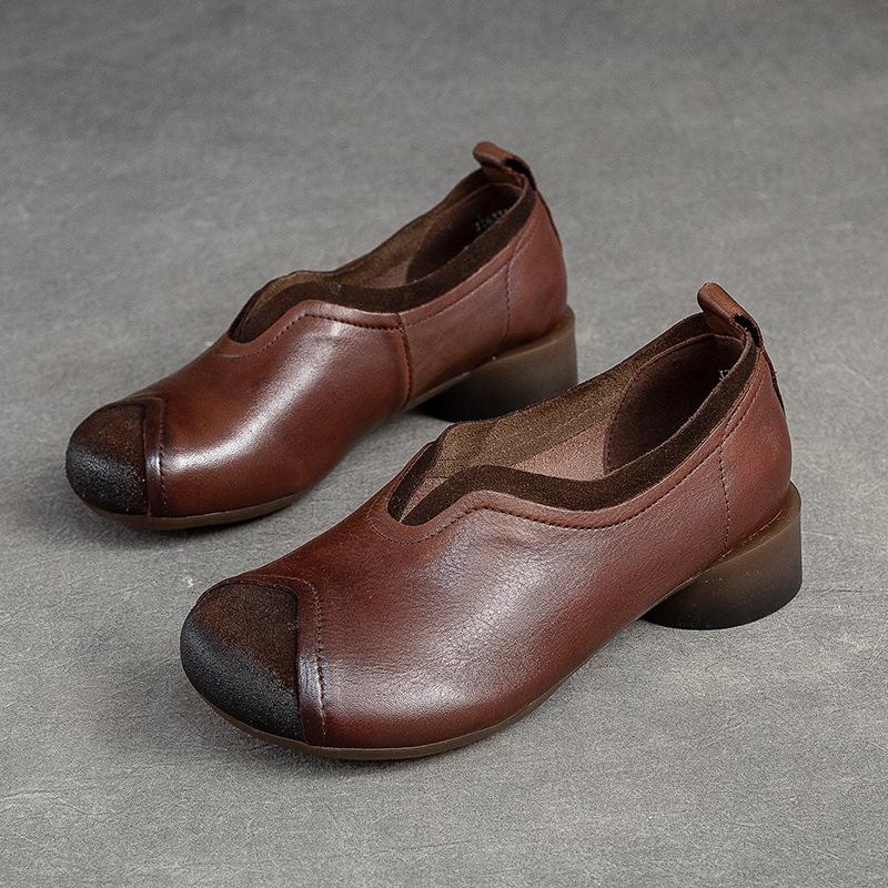 Johnature Женские туфли-лодочки из натуральной кожи, удобные туфли ручной работы с круглым носком на мягкой подошве в стиле ретро, ​​удобные туфли без шнуровки на низком каблуке
