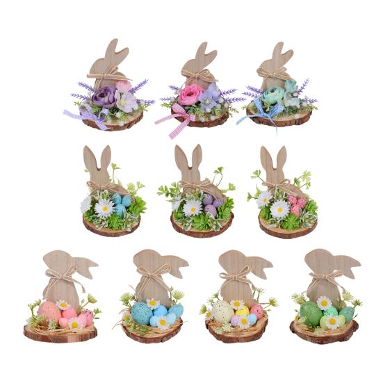 Wooden Easter Bunny Decoration Farmhouse Rustic Artificial Flower Colorful Egg Rabbit Table Sign Desktop Ornament