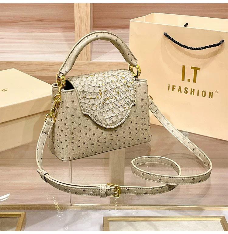2025 High-End Women's Genuine Leather Ostrich Pattern Crossbody Shoulder Handbag