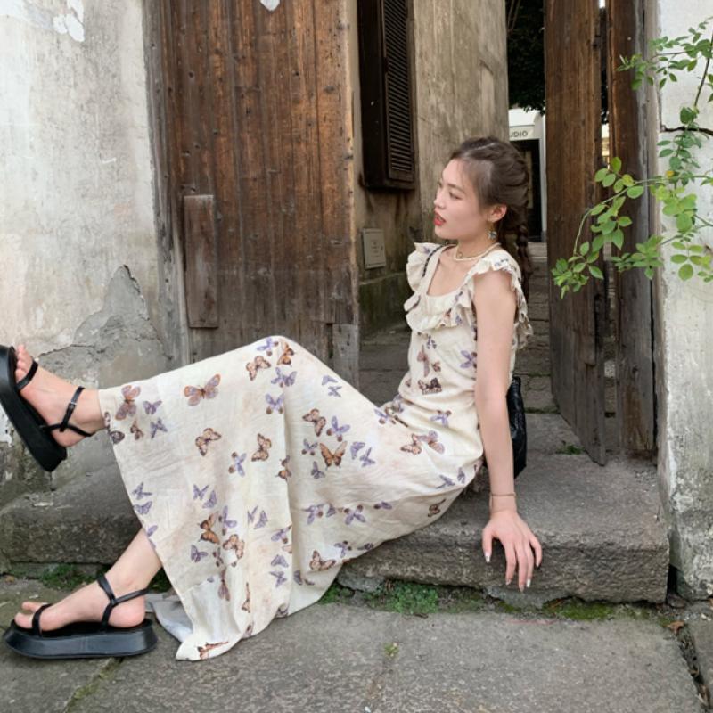 Лето 2025 года, модное повседневное длинное платье с принтом Bufferfly, женское модное шикарное платье с оборками и квадратным воротником, корейское элегантное облегающее платье