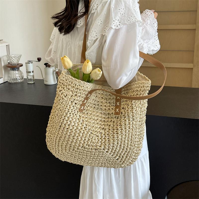Женская большая вместительная однотонная сумка через плечо, летняя соломенная плетеная сумка, модная женская роскошная дизайнерская пляжная сумка-шоппер