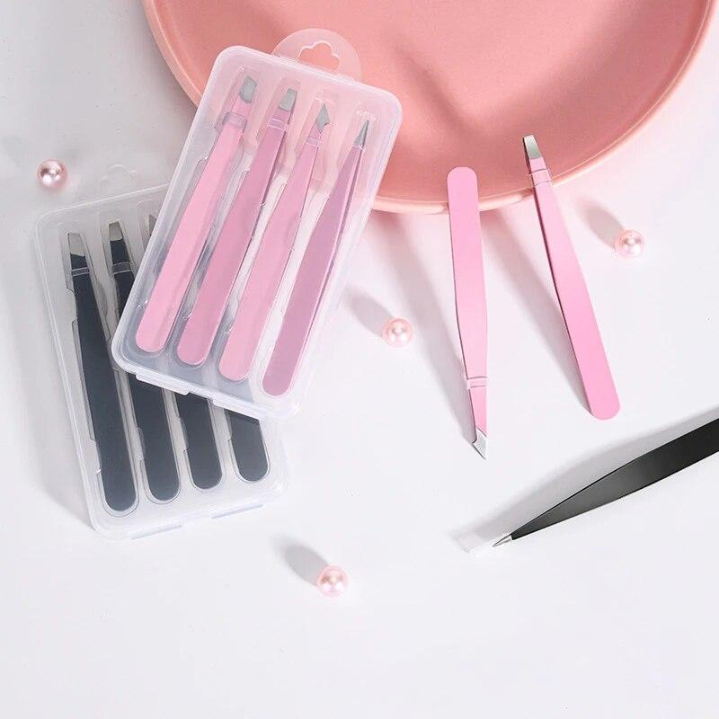 Розовый 2/4 шт., высококачественный пинцет для бровей, красота, съемник тонких волос, наклонные зажимы для бровей из нержавеющей стали, инструменты для удаления макияжа