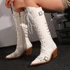 Punk Black White Boots Women's Back Chain Decor Shoes Knee High Boots Pointed Toe Leather Lace Up Chunky Heels Footwear