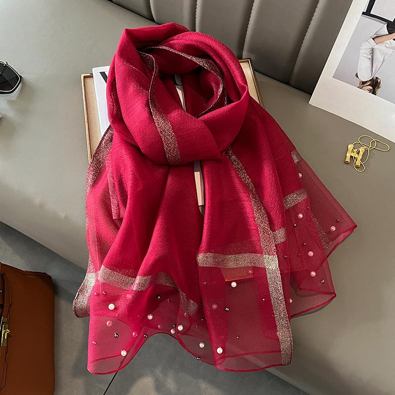 Spring/Summer Comfortable Imitation Silk Print Wraps Elegant Breathable Beaded Scarf for Women Casual Classic Breathable Shawl