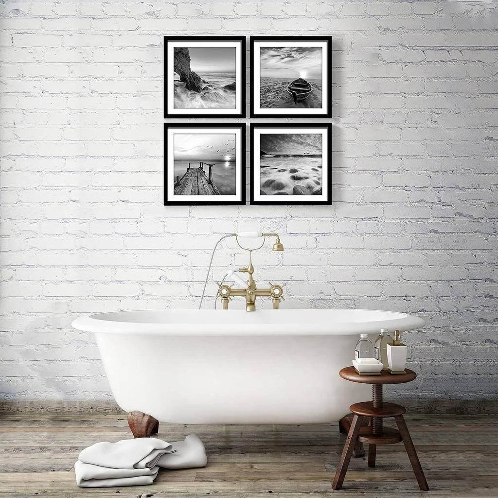 ENGLANT-4 Панели Набор Рамки Холст Печать Пейзаж Пляж и Лодка Восход Сцены Черно-белый Giclee Холст Печать Настенное Искусство Готово к Повешению