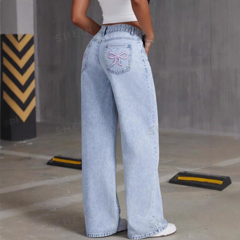 European and American Spring and Autumn Bow Embroidered Jeans for Women High Waist Straight Trousers