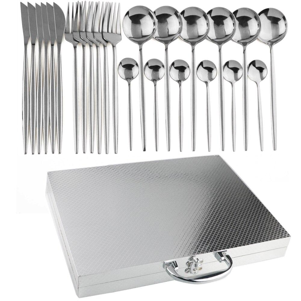 24Pcs Black Dinnerware Set Luxury Cutlery Set 304 Stainless Steel Dinner Set Fork Spoon Knife Tableware Silverware With Gift Box