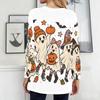Women Plus Size Round Neck Long Sleeve Longline T Shirt Halloween Ghost Pumpkin Printed White Loose Top With Pockets