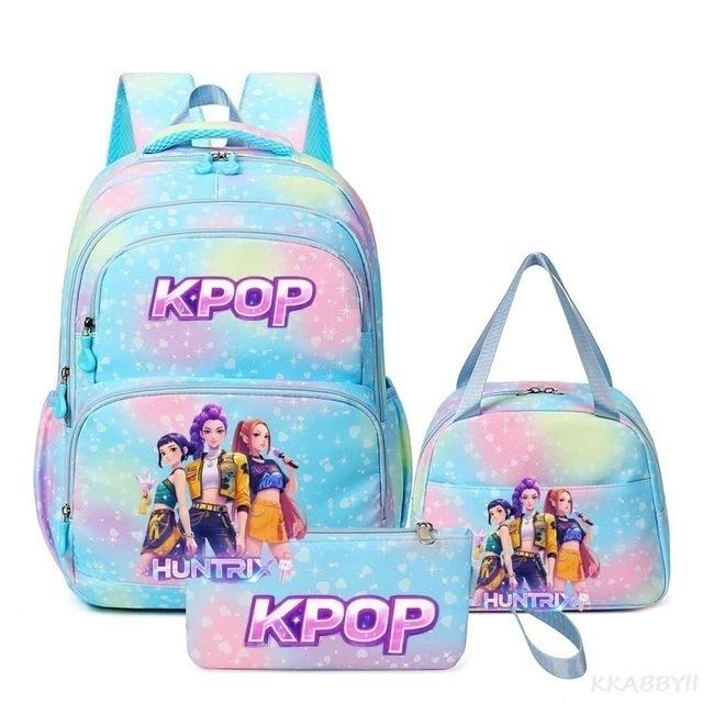 Трехкомпонентный набор K-pop Девушка-Охотник на Демонов Цветной Школьный Рюкзак Сумка для Ланча Пенал Подарочная Коробка