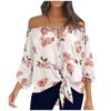 Модная сексуальная рубашка с открытыми плечами на шнуровке и бантом Элегантный свободный топ с вырезом в горловине Повседневная блузка с рукавом три четверти с принтом Blusas 27783