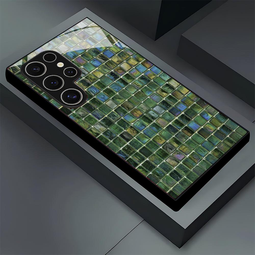 Зелено-розовый клетчатый стеклянный чехол для телефона для Samsung Galaxy S26 S25 S24 S22 S23 Ultra S21 Plus 5G, матовый, нескользящий, полное покрытие
