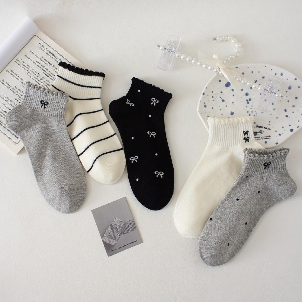 Breathable Kawaii Shallow Socks Stripe Bow Boat Socks Korean Style Short Tube Socks Warm