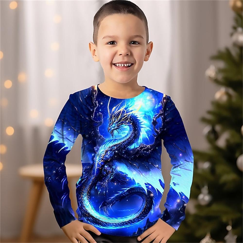 Children's Cool Animal Dragon Series 3D Digital Printed Boys Hip Hop Personality Round Neck Long Sleeved T-shirt
