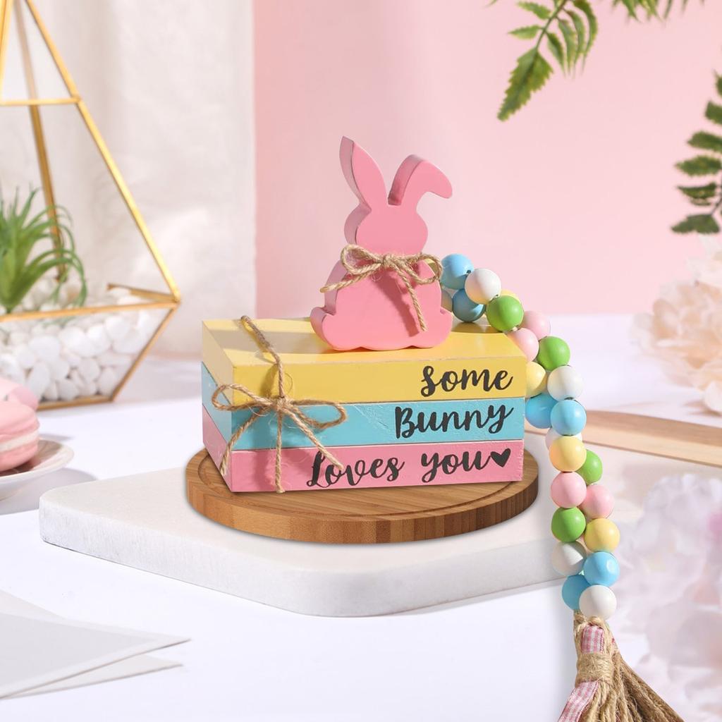 Easter Bunny Wooden Faux Book Stack Beaded Tiered Tray