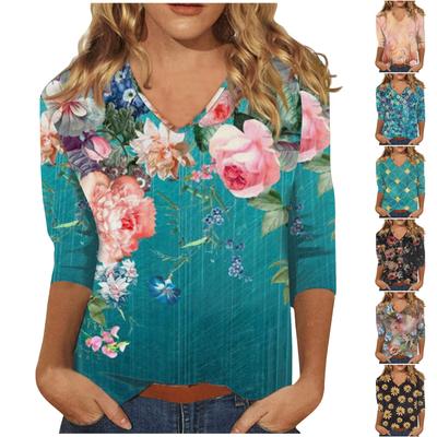 Рубашки с рукавом 3/4 для женщин, милые футболки с графическим принтом, блузки, повседневные базовые топы на пуговицах больших размеров, пуловеры