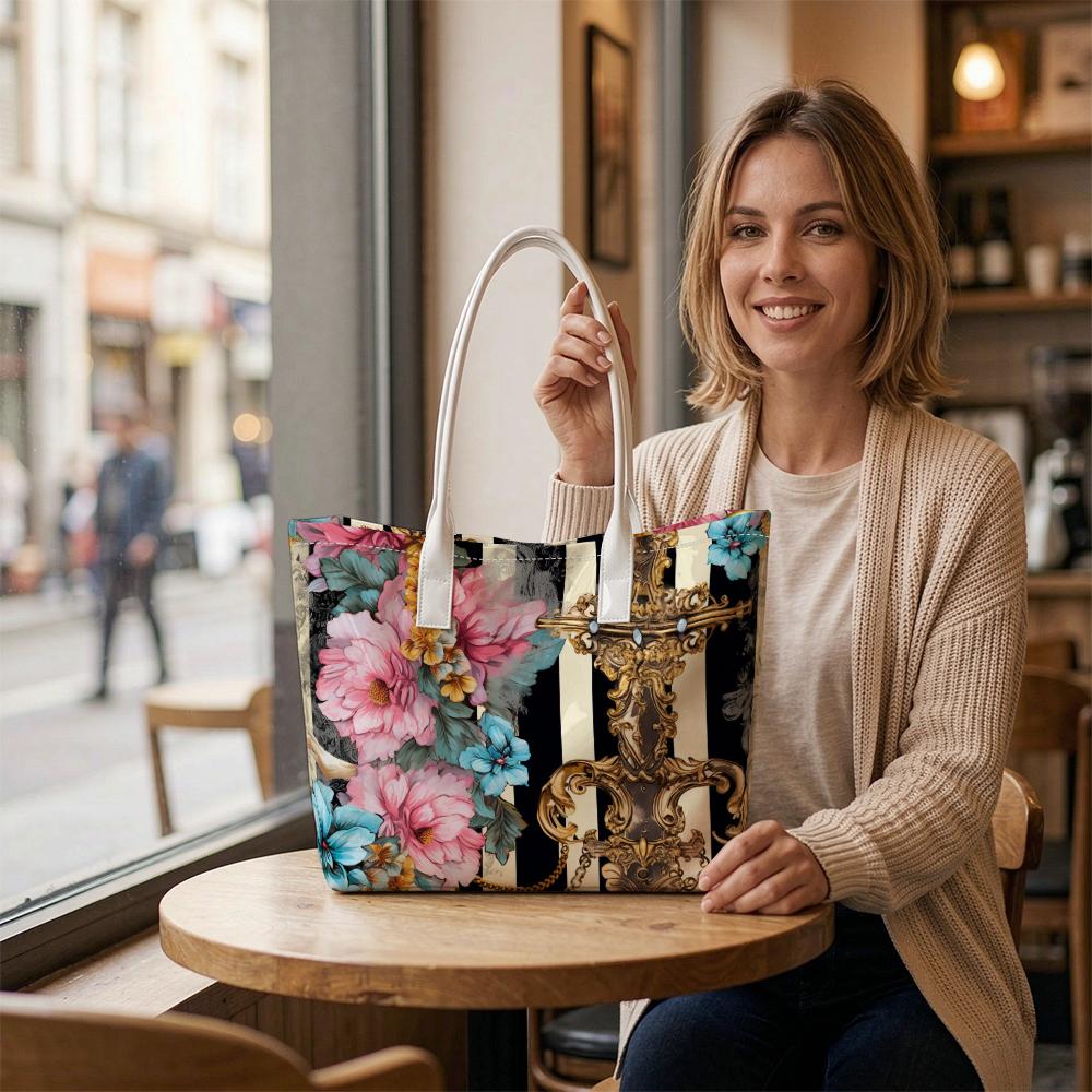 Vintage Floral Print Tote Bag Large Capacity Daily Use Shoulder Bag for Women