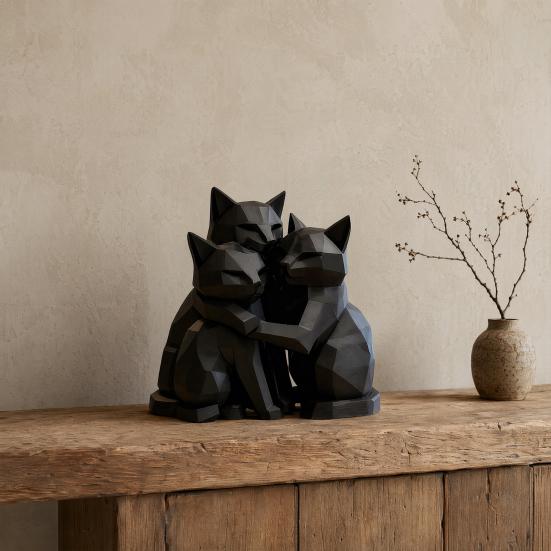 jijijing 3D Printed Black Cat Figurine, Three Hugging Geometric Statue, Modern Animal Shape Sculpture for Home Office Bookshelf